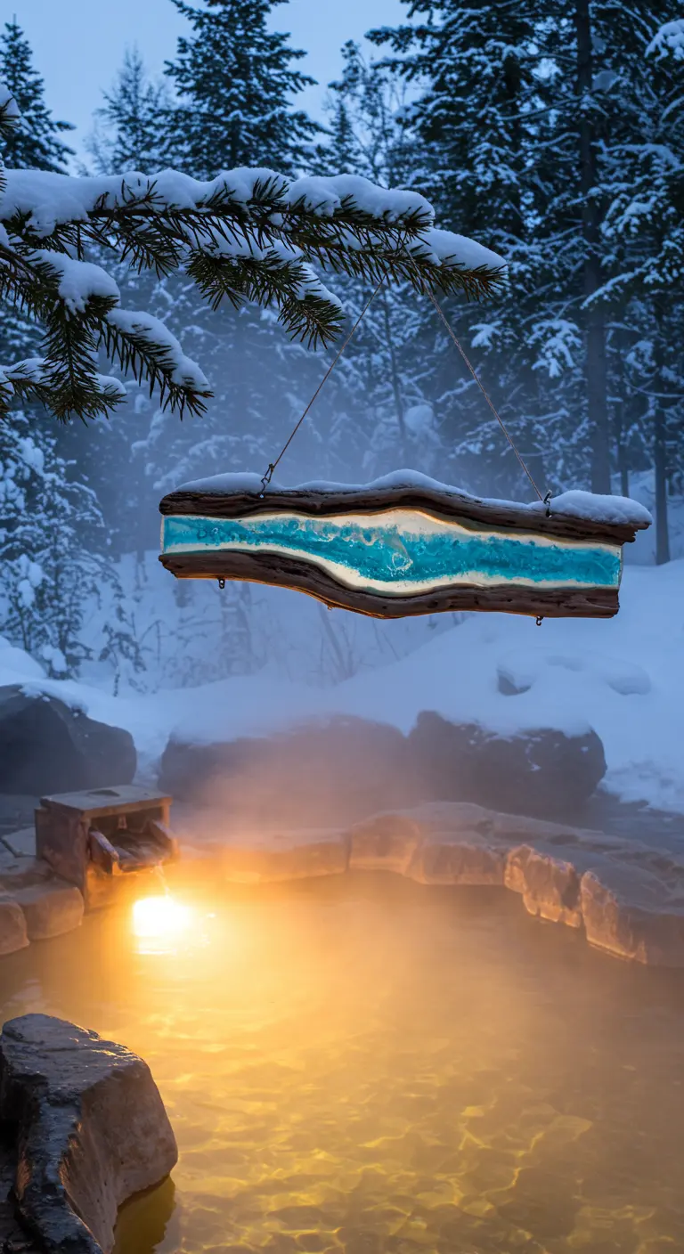 A driftwood and icy blue resin sculpture hanging over a steaming hot spring in the snow.