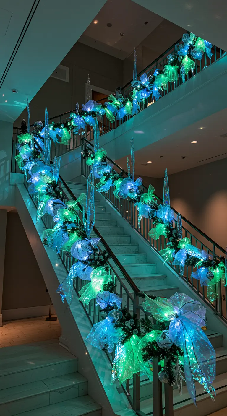 Staircase illuminated with blue and green lights, sheer fabric bows, and icicle ornaments.