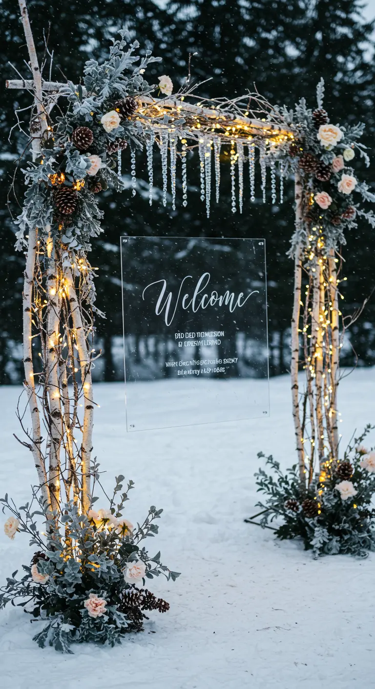 A winter wedding arch made of birch branches, fairy lights, and hanging icicles in the snow.