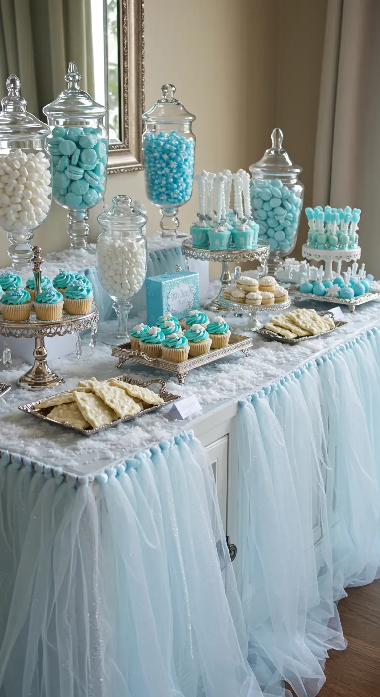 A dessert buffet with a light blue tulle skirt and jars of blue and white candy.