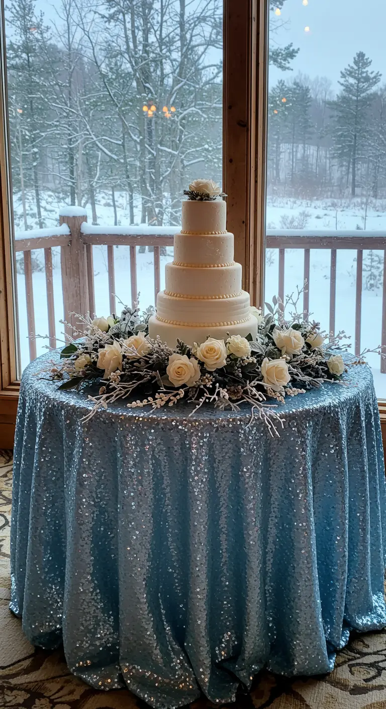 Winter wedding cake on an icy blue sequin tablecloth with frosted white rose garland.