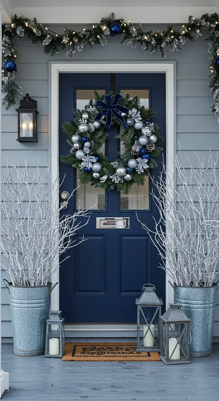 A navy blue door is flanked by silver and blue decor, including white painted branches in buckets.