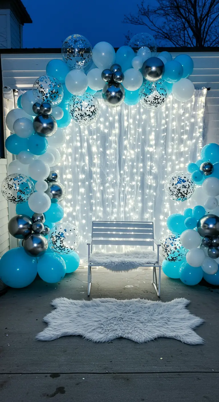 A balloon arch in shades of blue, white, and silver with confetti balloons and a faux fur rug.