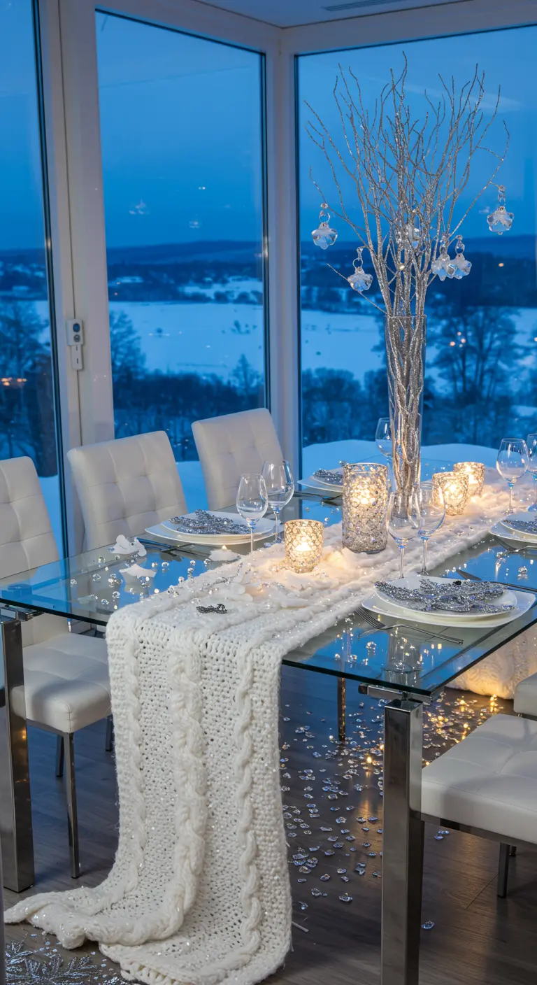 Icy, sparkling tablescape with a sequined white knit runner and a crystal tree centerpiece.