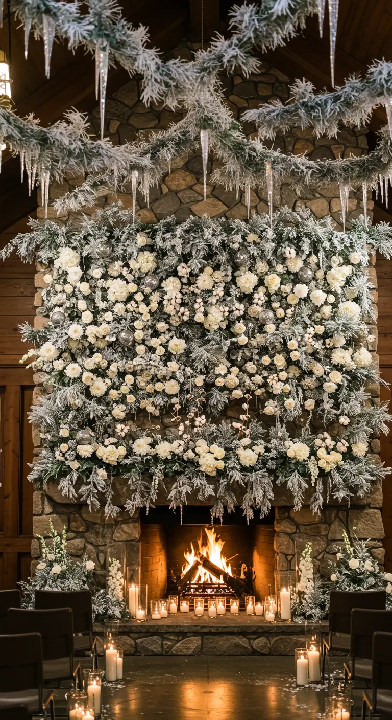 Stone fireplace decorated with white flowers and frosted greenery for a winter wedding.