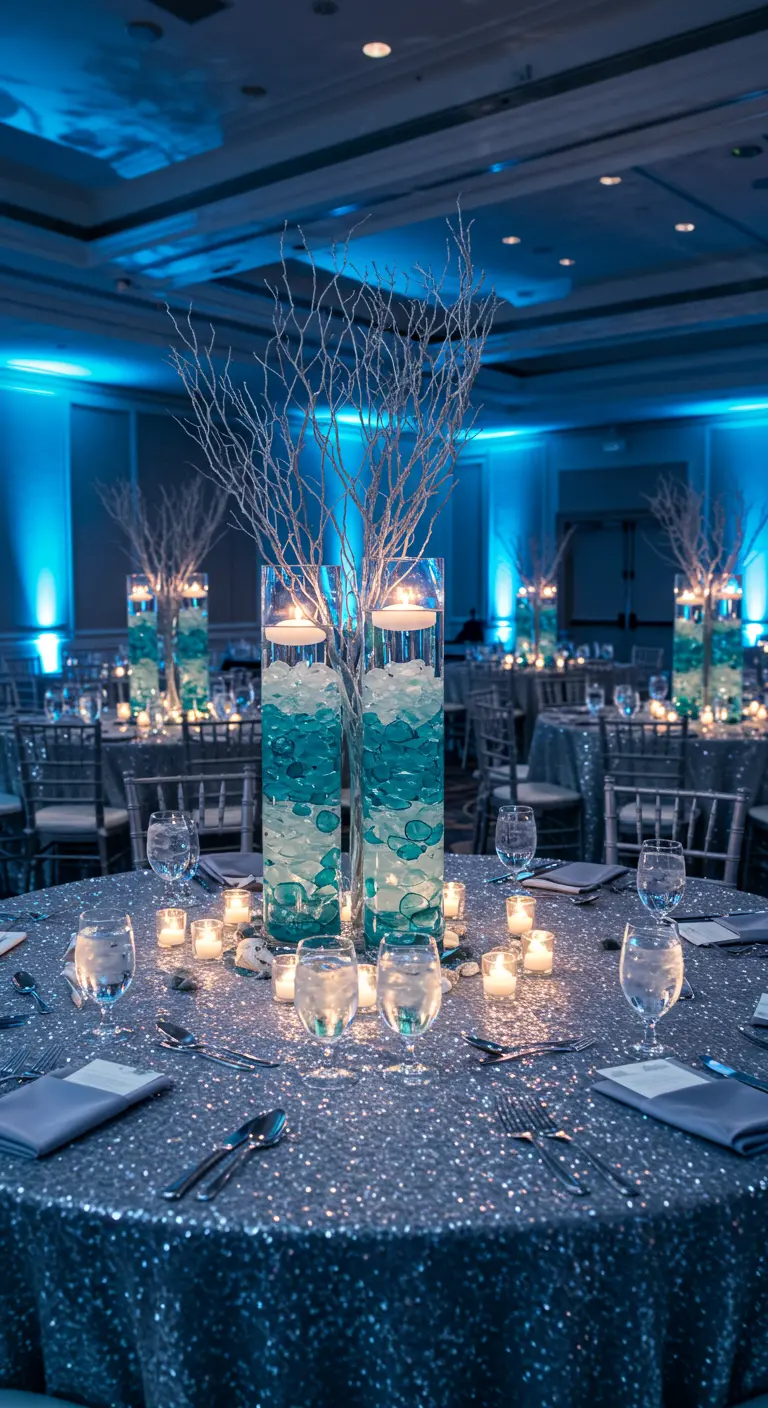 Glamorous table with sequin cloth, tall vases, and blue accent lighting.