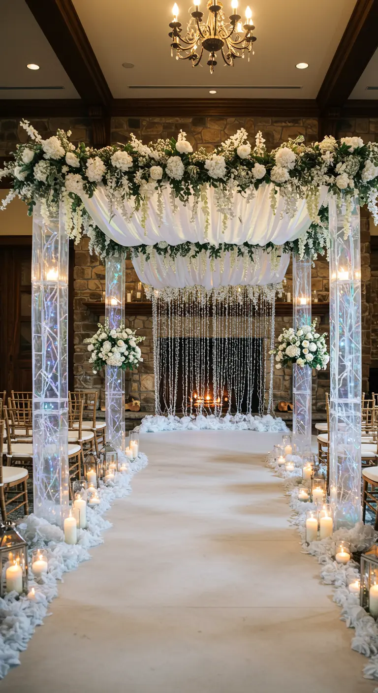 Winter wedding canopy with crystal strands, white wisteria, and glowing pillars.