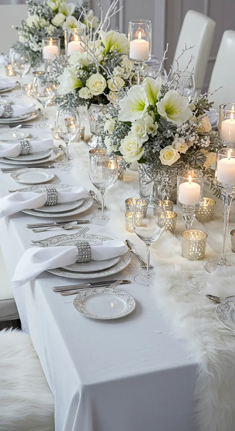 A glamorous all-white and silver winter table with a faux-fur runner and crystal accents.
