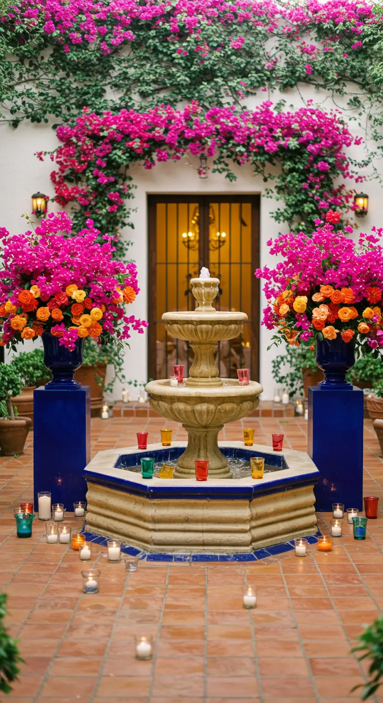 Vibrant pink bougainvillea in cobalt blue urns flank a tile fountain.