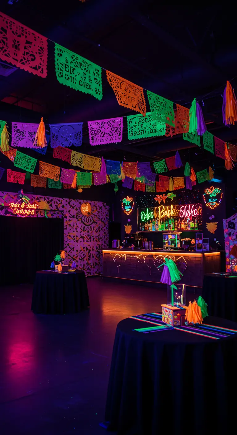 A dimly lit party space where neon papel picado and tassels glow brightly under blacklights.