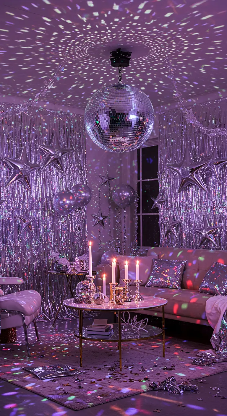 A living room transformed into a disco with a ball, purple lights, and foil curtains.