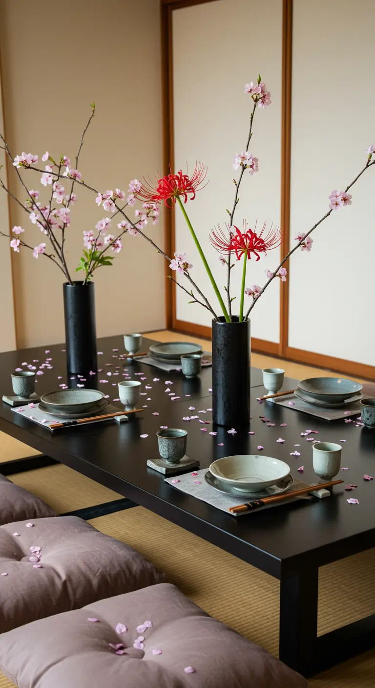 Japanese-inspired low table with cherry blossoms and red spider lilies.