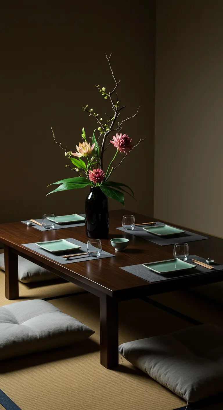 A low Japanese-style dining table with an Ikebana floral centerpiece and floor cushions.