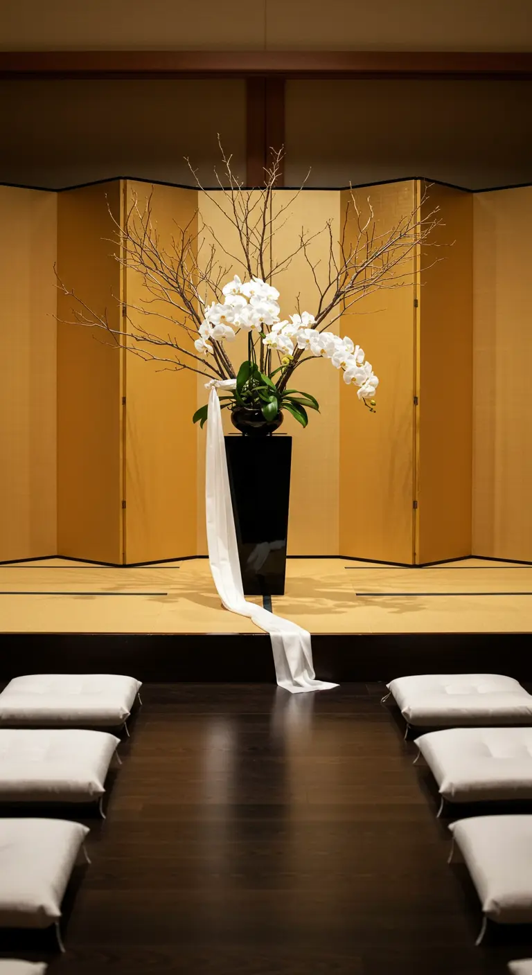 A Japanese-style floral arrangement with white orchids and branches in a tall black vase.