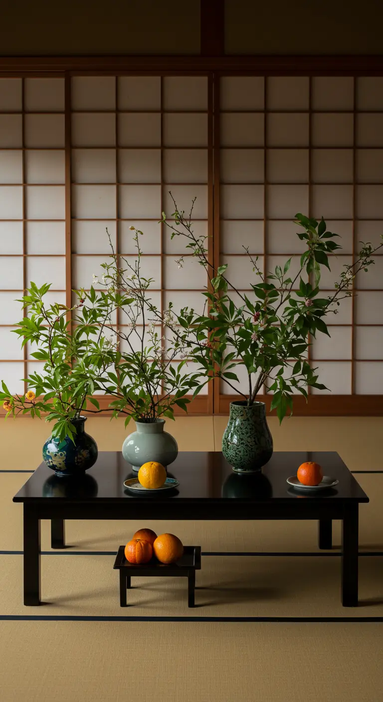 A low black table with Ikebana-style floral arrangements and a few oranges in front of a shoji screen.