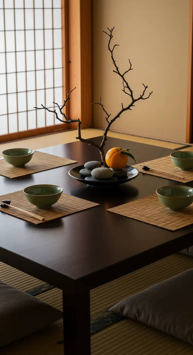 A minimalist Japanese-style table setting with a centerpiece of a branch, stones, and a single orange.
