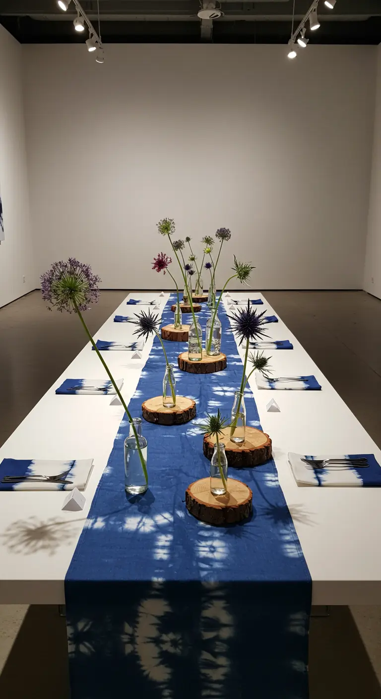 A modern white table with a tie-dyed indigo runner and single-stem allium flowers.
