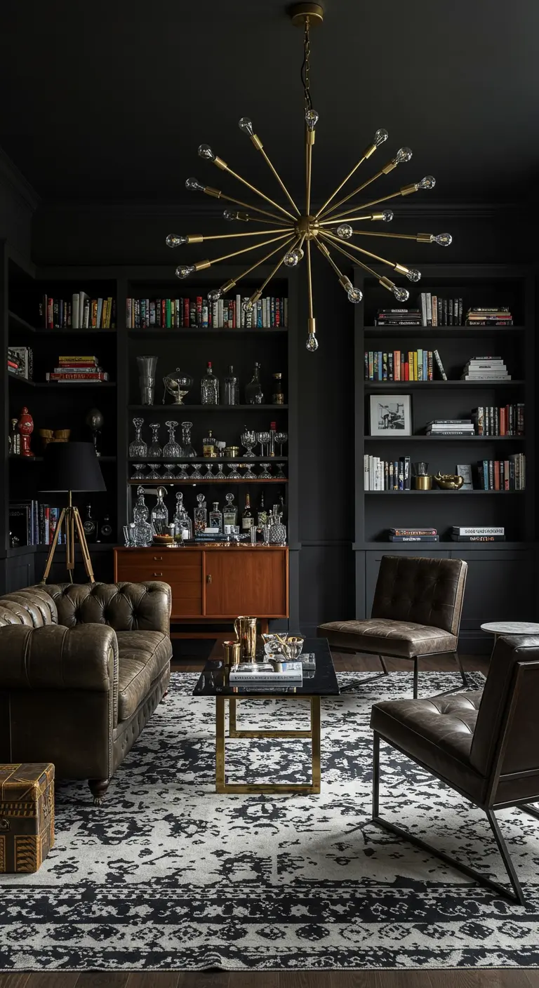 A dark library with a teak credenza bar, leather furniture, and a sputnik chandelier.