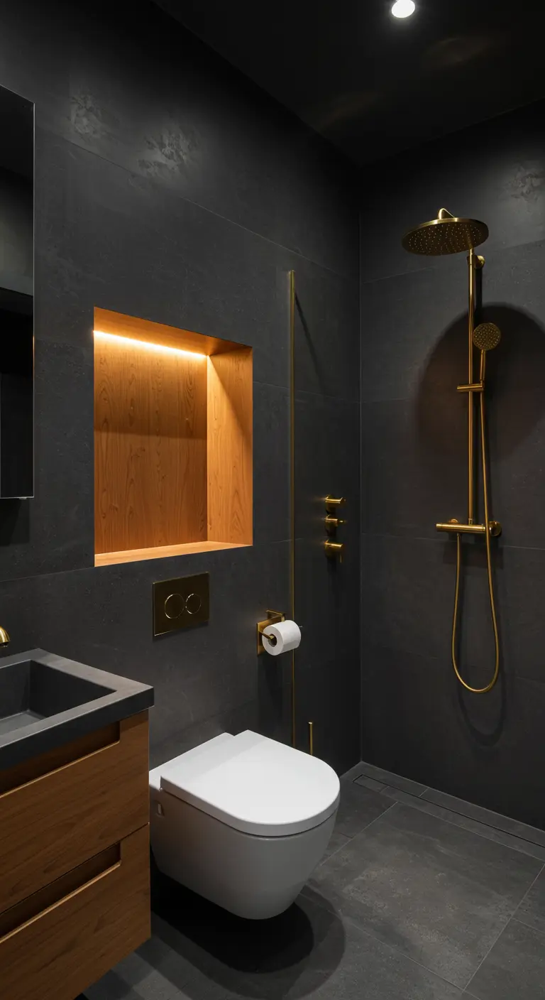 Dark gray bathroom with a warm wood-lined, back-lit shower niche and brass fixtures.