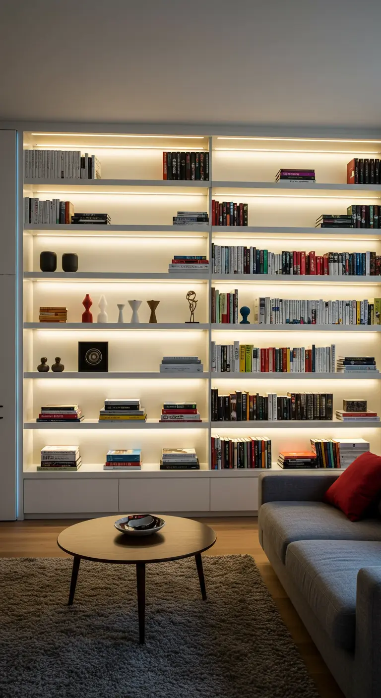 A large, white built-in bookshelf with every shelf lit from within by warm LED strips.