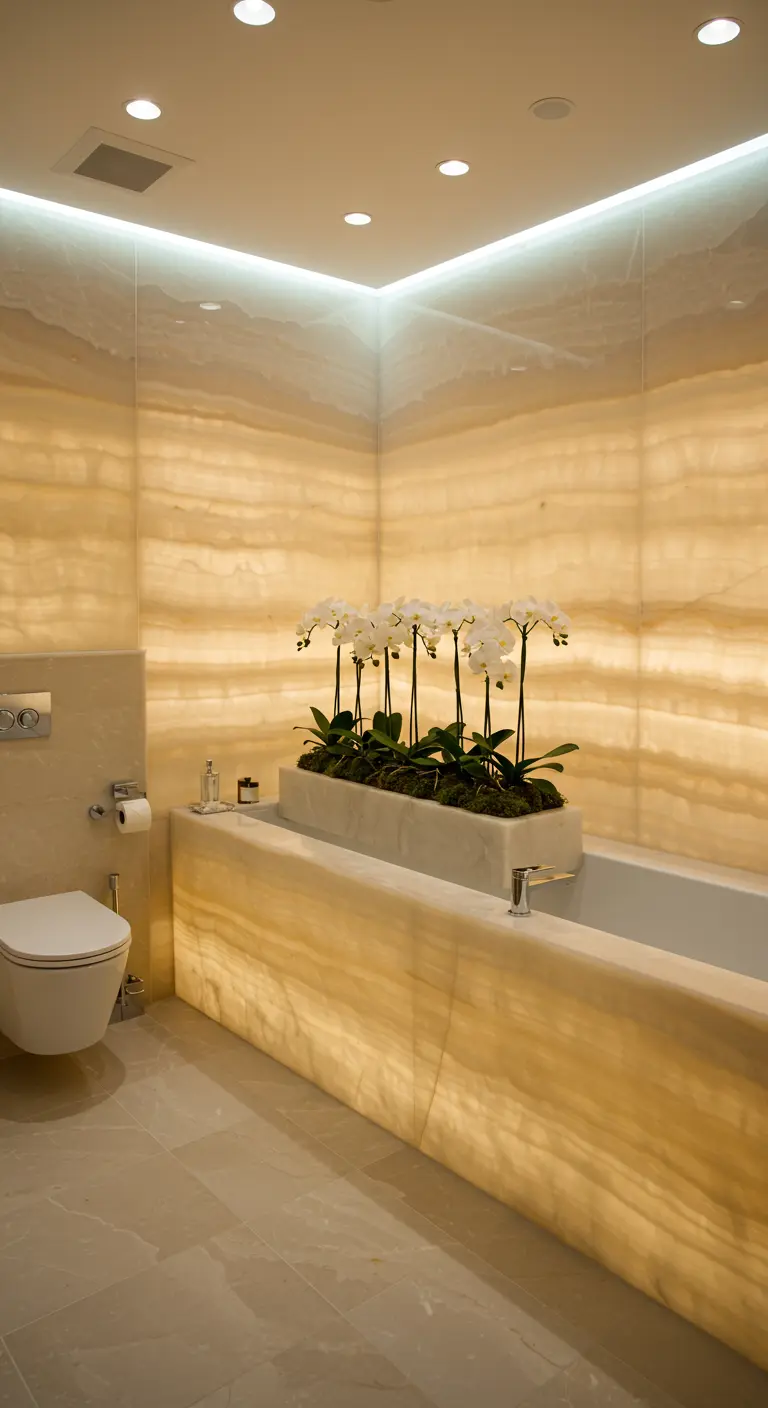 Bathroom with backlit translucent onyx walls and a tub planter with white orchids.