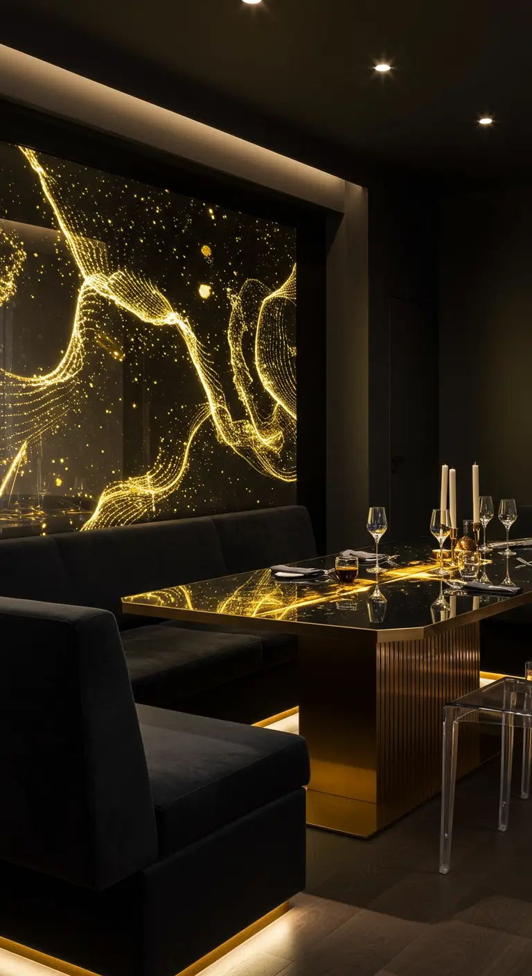 Futuristic dining room with a backlit wall featuring abstract golden light swirls.