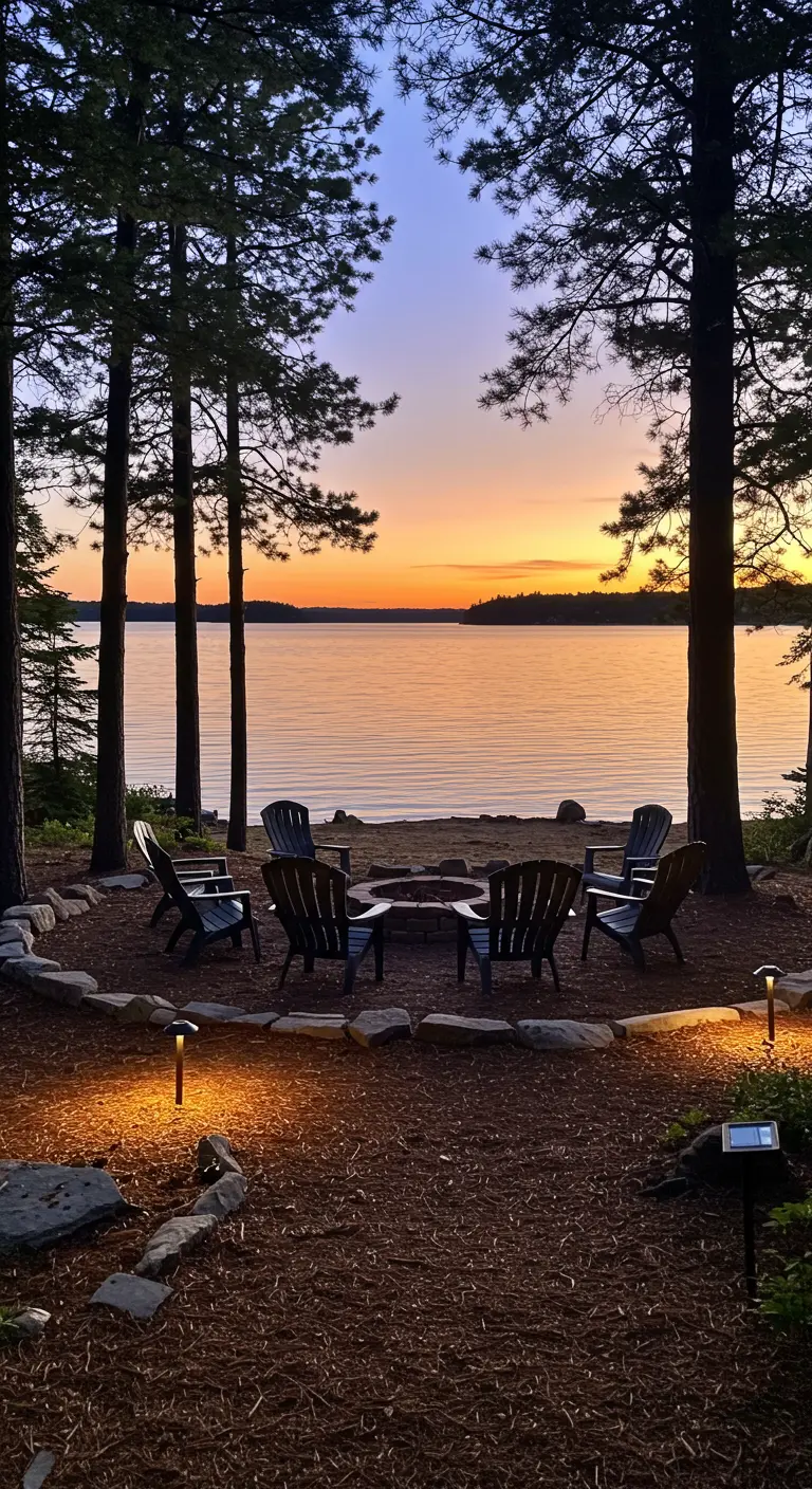 A lakeside fire pit at dusk, with small solar path lights glowing along the stone border.