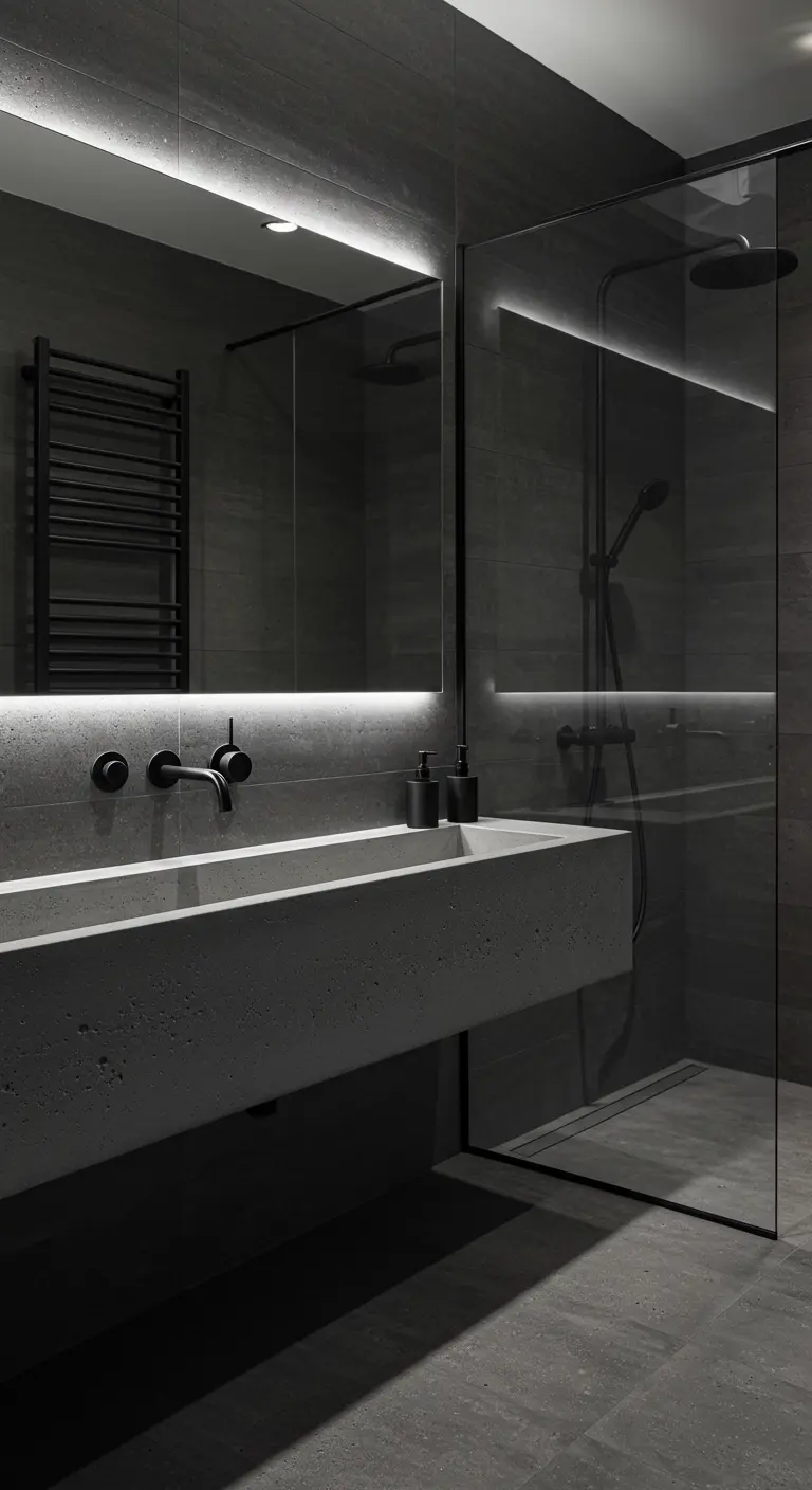 Dark, minimalist bathroom with a floating concrete sink and integrated backlighting behind the mirror.