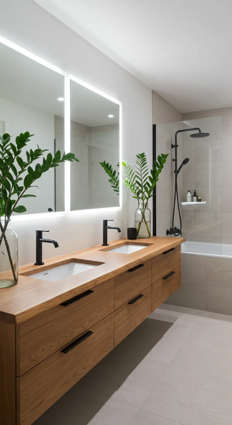 Long wood vanity with double sinks and a large mirror with integrated backlighting.