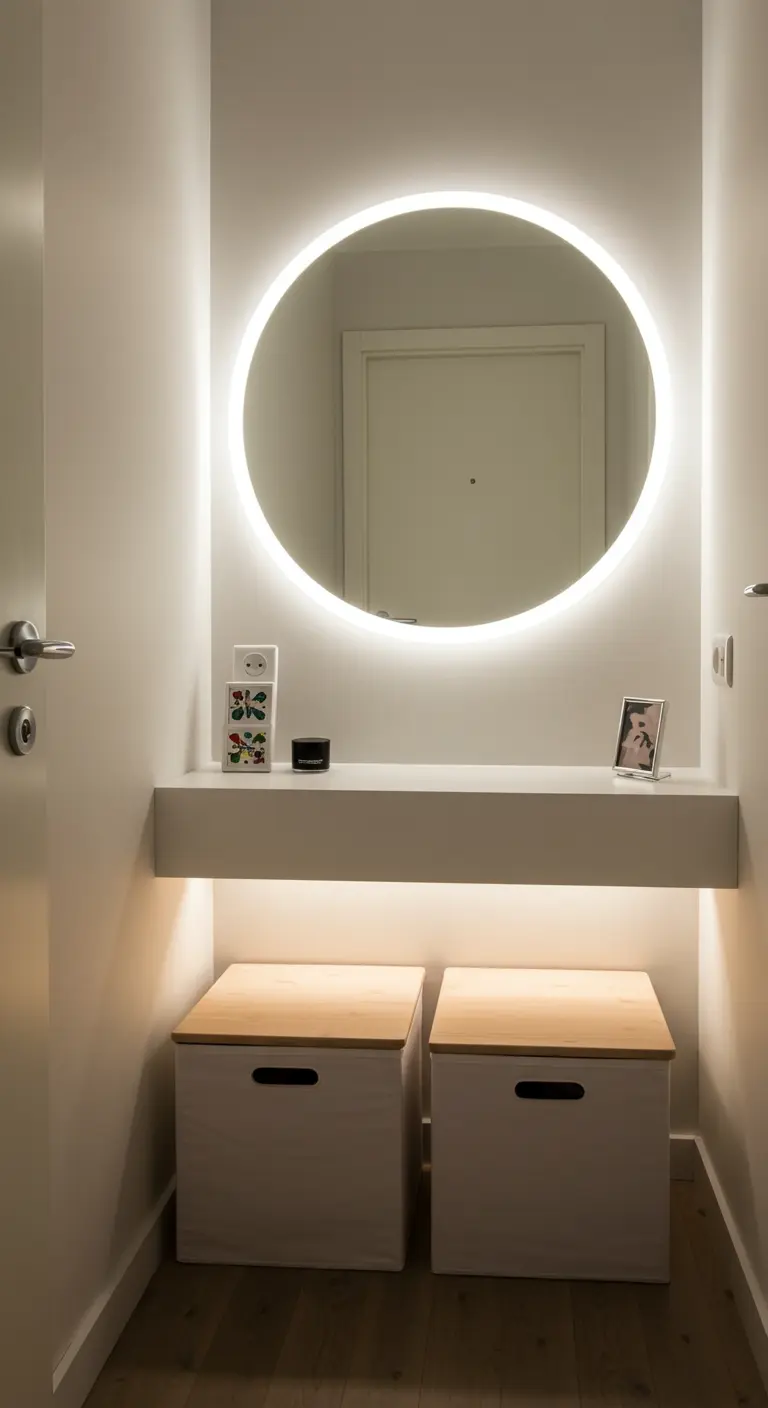 A narrow entryway with a round backlit mirror and an under-lit floating white shelf.