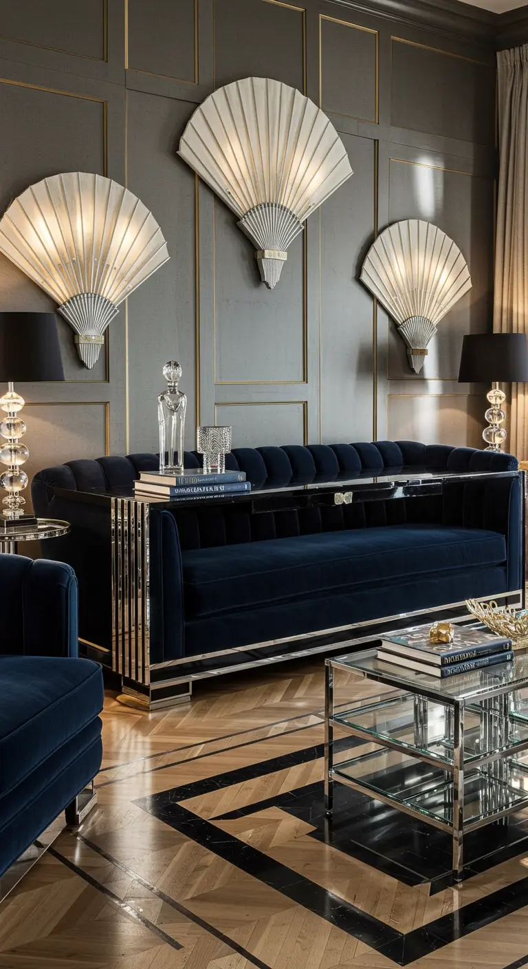 A navy blue velvet sofa with three large, fan-shaped Art Deco wall sconces above it.