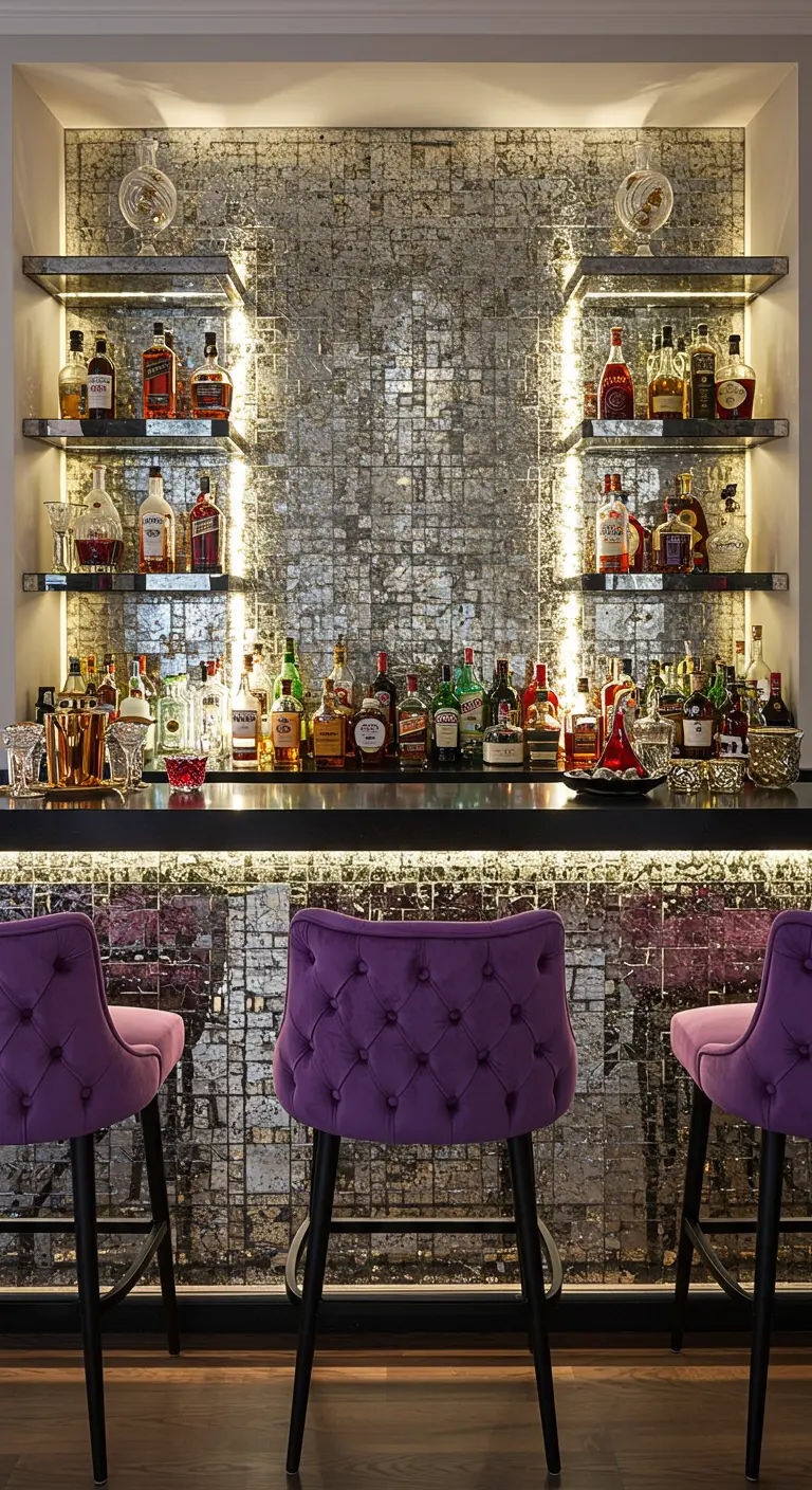 Home bar with a shimmering antiqued mirror backsplash and purple velvet tufted bar stools.