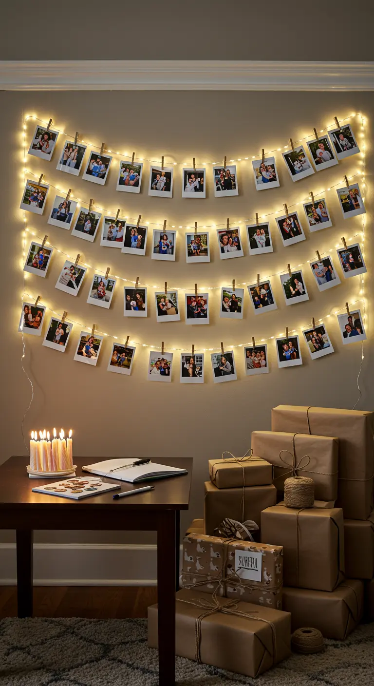 A wall display with rows of photos clipped to glowing string lights.