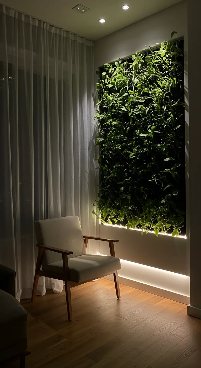 A living wall in a dark room, illuminated from below by an LED strip, next to an armchair.