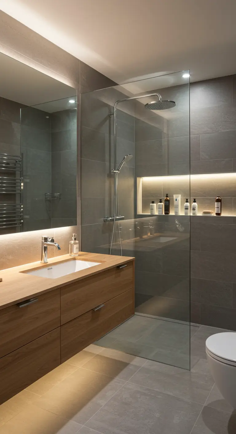 Bathroom with a glass shower featuring an illuminated built-in wall niche.