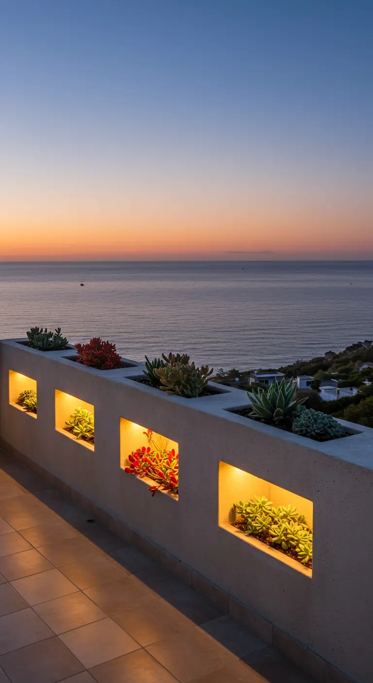 A concrete balcony wall with illuminated niches holding colorful succulents, overlooking the ocean.