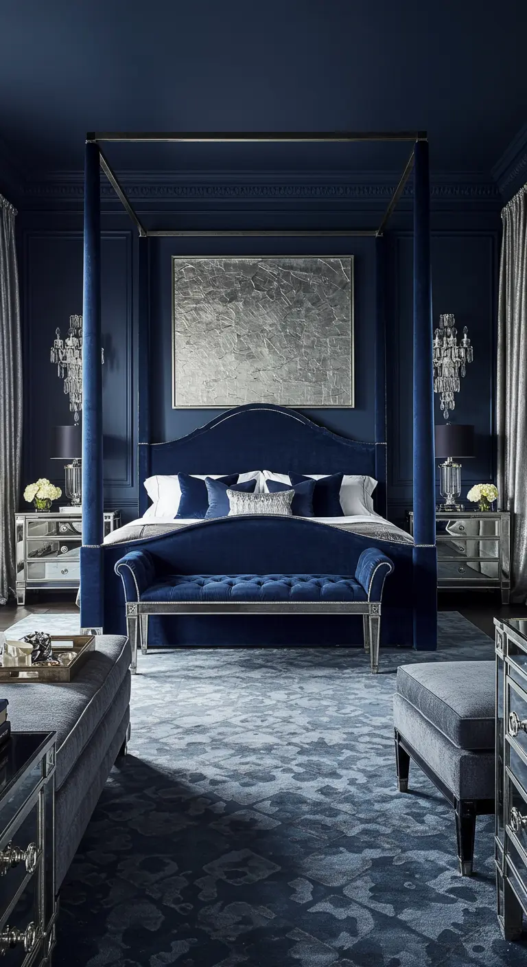 A luxurious, all-blue bedroom with a velvet four-poster bed and mirrored nightstands.