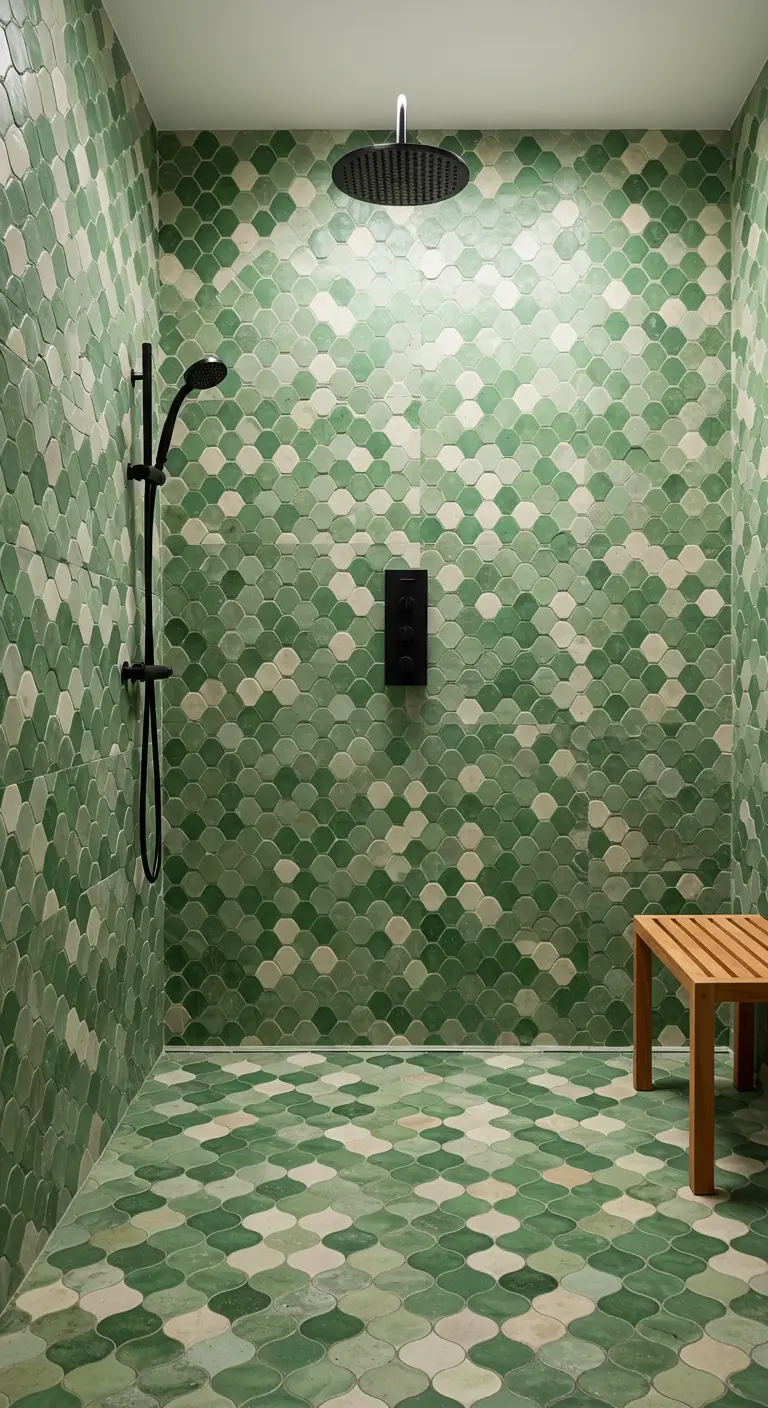 Walk-in shower covered in variegated green fish-scale tiles with matte black fixtures.