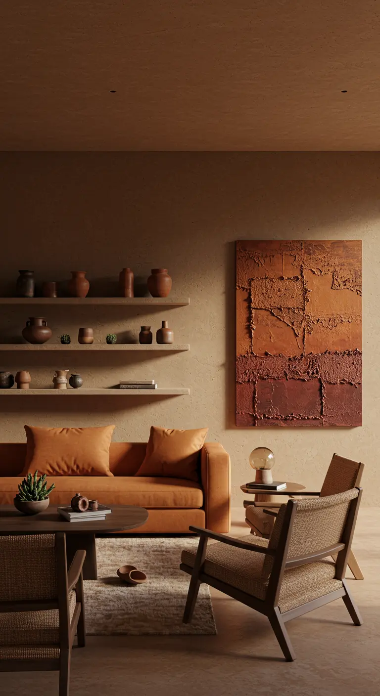 Terracotta-colored room with simple shelves holding clay pots and textured earth-tone art.