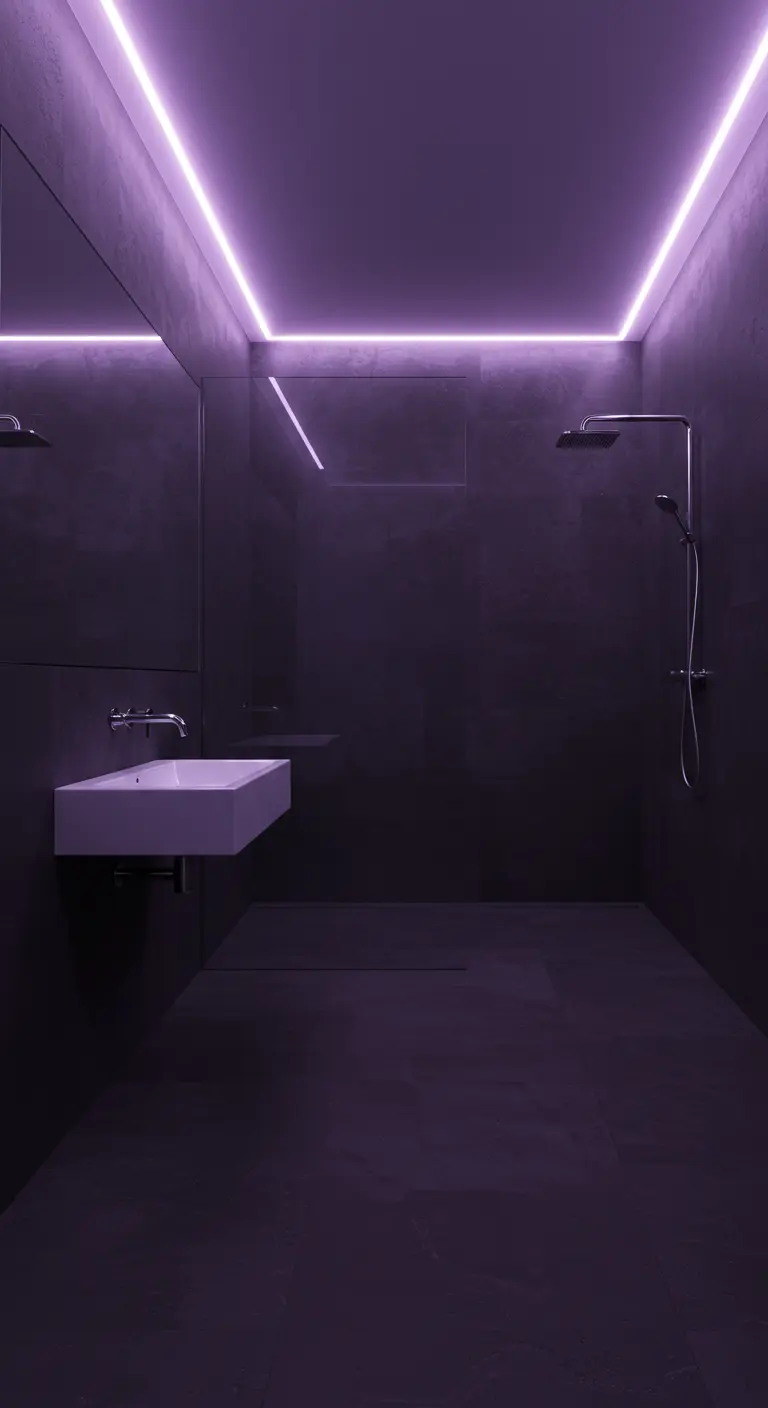 A dark, minimalist bathroom is bathed in the purple glow from hidden cove lighting.