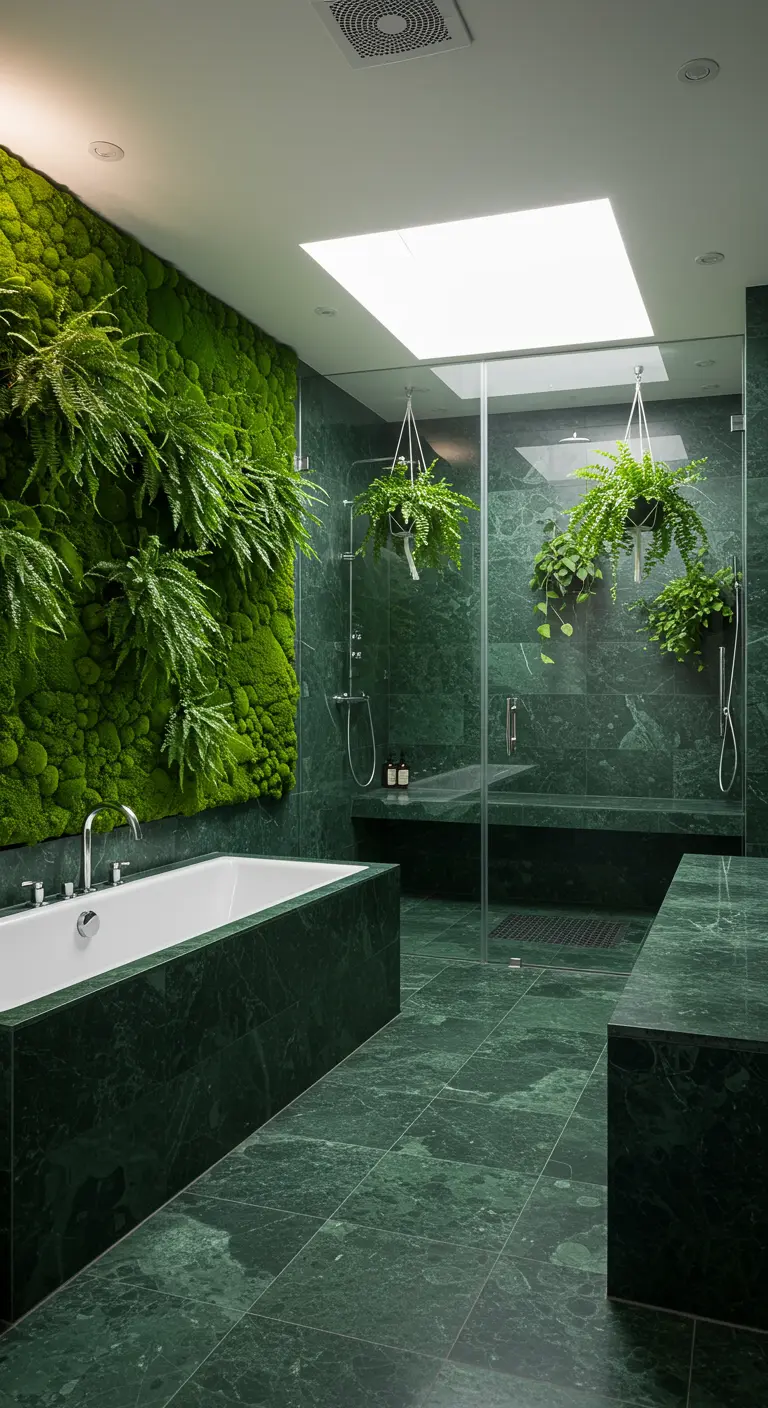 Bathroom with a living moss and fern wall, green marble, and hanging plants under a skylight.