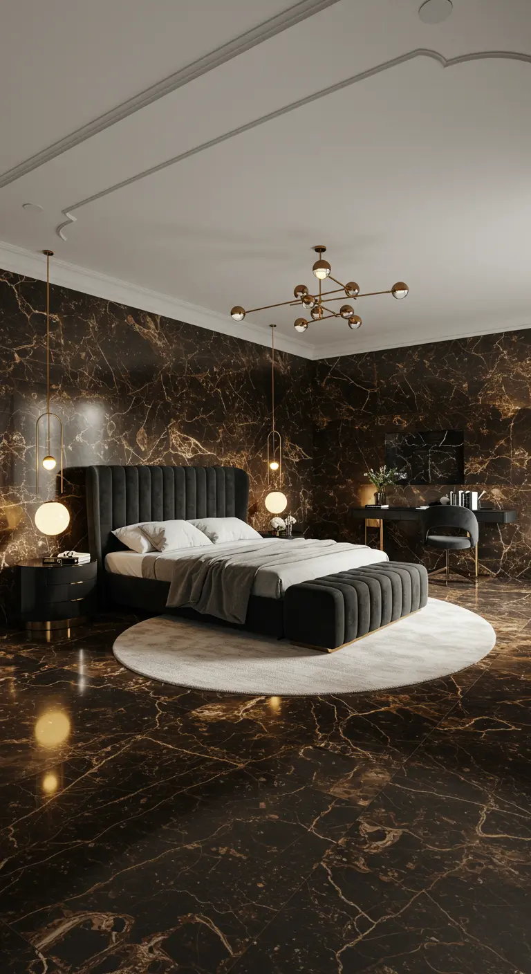 A luxurious bedroom with dark brown marble walls and floors, a black bed, and a round white rug.