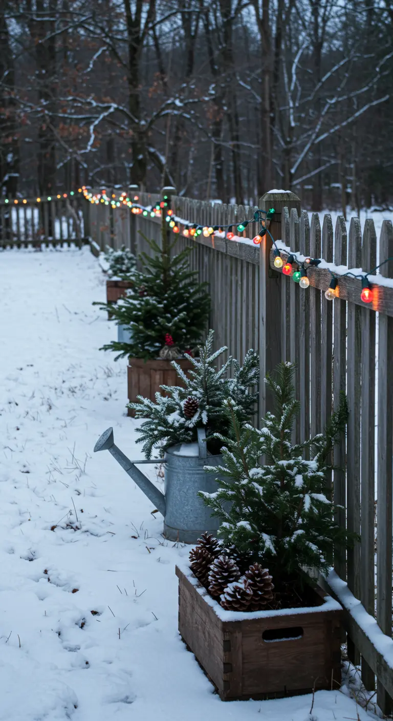 A rustic fence line with small evergreens planted in wooden crates and a watering can.