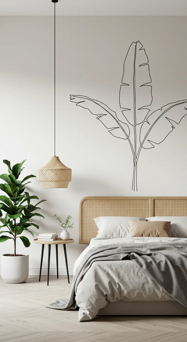 Minimalist bedroom with a black line-art mural of a banana tree behind a cane headboard.