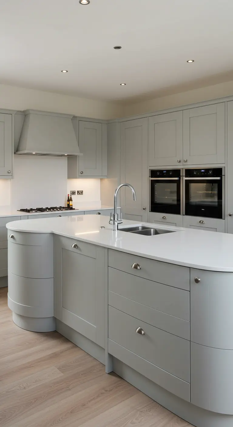 A soft, light grey kitchen with curved end cabinets on the island, creating a gentle, rounded shape.