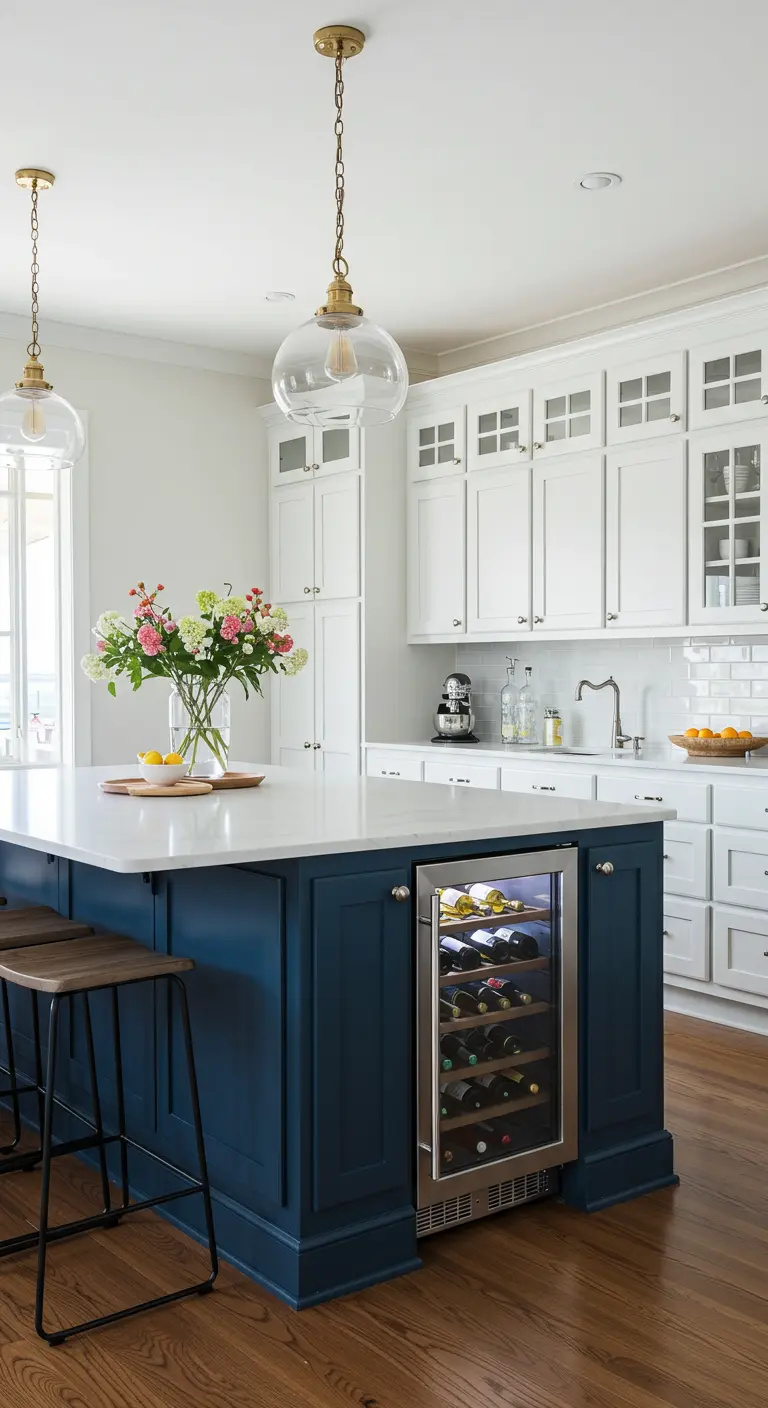 Navy blue kitchen island featuring a built-in stainless steel wine refrigerator.
