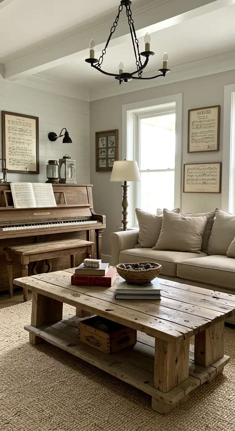 Farmhouse living room with an upright piano, a gallery wall of sheet music, and a rustic coffee table.