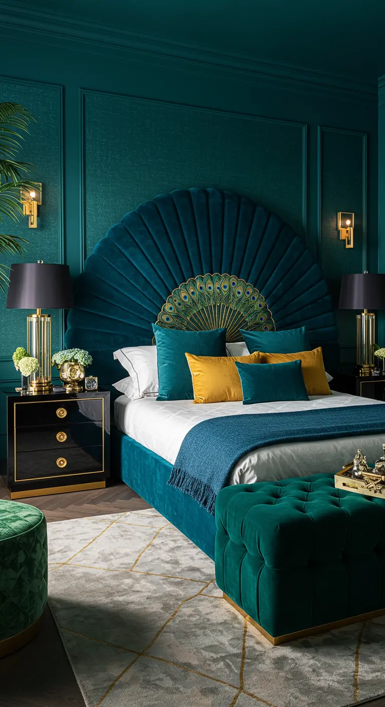 Bedroom with a large, fan-shaped teal velvet headboard embroidered with a peacock design.