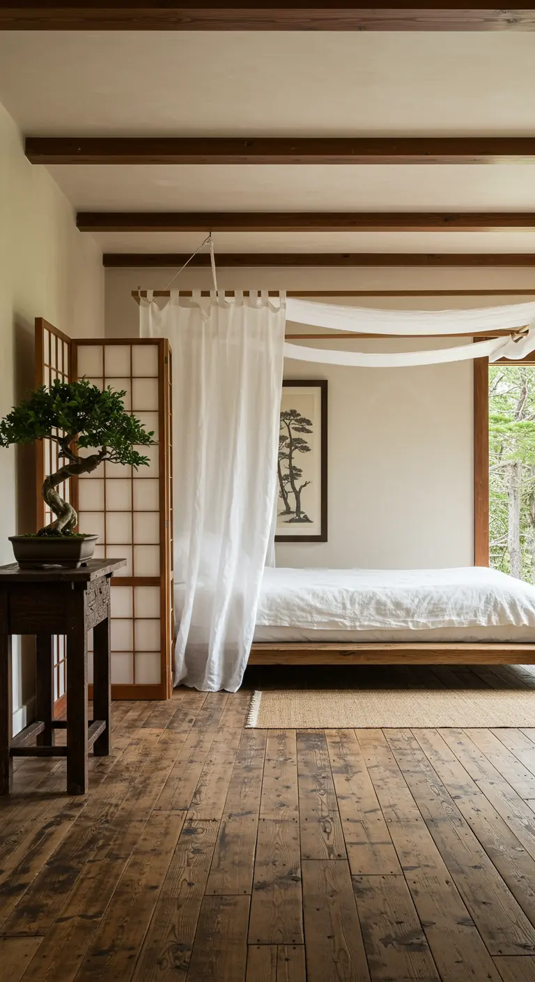 Japanese-inspired bedroom with a low bed, a bonsai tree, and a shoji screen.