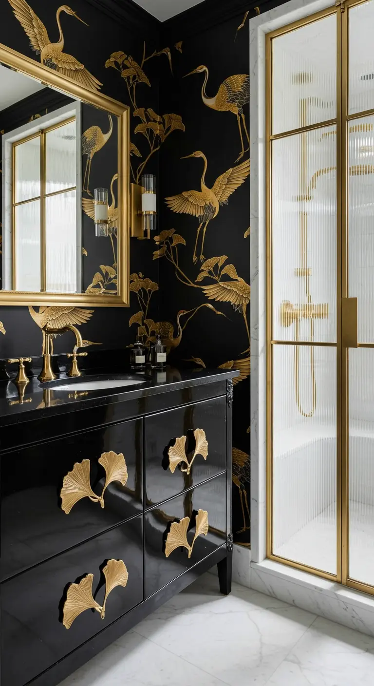Black and gold bathroom with crane wallpaper and custom gold ginkgo leaf drawer pulls.